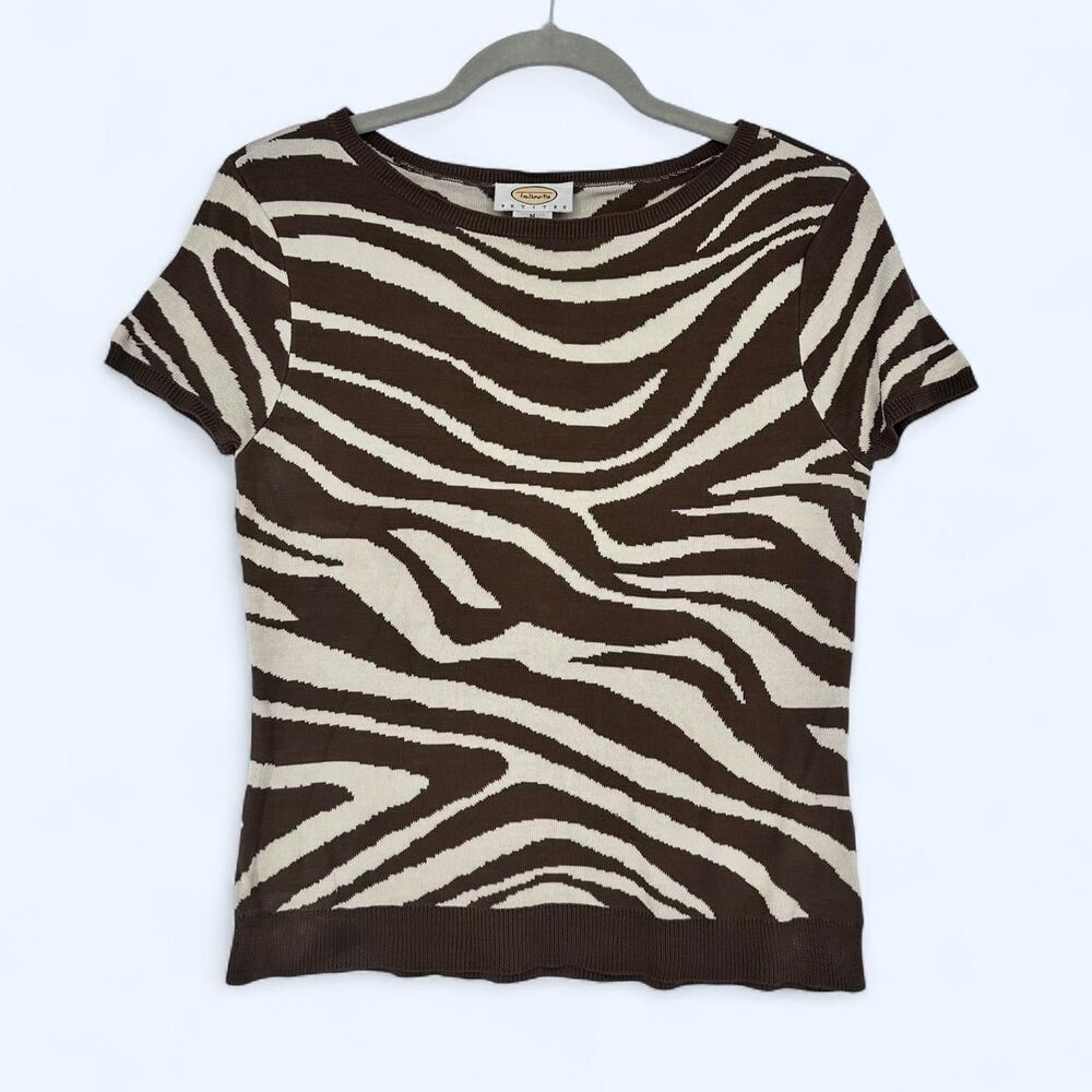 Talbots Brown Indie Sleek Zebra Print Knit Short Sleeve Scoop Neck Ribbed Sweate